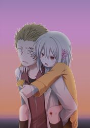  1boy accelerator_(toaru_majutsu_no_index) blood carrying commentary_request facial_mark female flower genderswap_(mtf) gradient_background hair_flower hair_ornament idora_(idola) injury kihara_amata piggyback red_eyes rule_63 short_hair suzushina_yuriko tears toaru_majutsu_no_index toaru_majutsu_no_index:_old_testament white_hair 