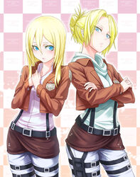  2girls annie_leonhart bad_id bad_pixiv_id belt blonde_hair blue_eyes commentary_request copyright_name emblem jacket krista_lenz looking_at_another loup multiple_girls own_hands_together paradis_military_uniform shingeki_no_kyojin short_hair suspenders thigh_strap training_corps_(emblem) uniform 