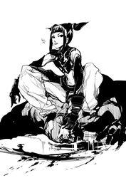  1boy bad_id bad_pixiv_id baggy_pants blood blood_splatter defeat detached_sleeves female fingerless_gloves foot_on_head gloves greyscale hair_horns halterneck hattori_masahiko juri_han looking_at_viewer monochrome pants photoshop_(medium) seth_(street_fighter) sitting sitting_on_person street_fighter street_fighter_iv_(series) toeless_legwear toes tongue tongue_out 