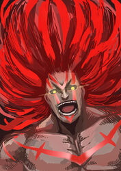  1boy big_hair black_sclera colored_sclera commentary_request dark-skinned_male dark_skin facepaint highres laughing long_hair male_focus necalli no_pupils open_mouth pectorals photoshop_(medium) red_hair samidare_satsuki solo street_fighter street_fighter_v topless_male upper_body very_long_hair yellow_eyes 