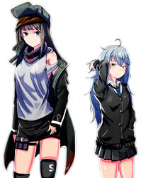  2girls ahoge black_cardigan black_hair blue_eyes cardigan commentary cosplay costume_switch fukuhara_ayaka g11_(girls&#039;_frontline) g11_(girls&#039;_frontline)_(cosplay) ghgnvm girls&#039;_frontline grey_eyes grey_hair hat highres idolmaster idolmaster_cinderella_girls looking_at_viewer messy_hair multiple_girls photoshop_(medium) school_uniform shibuya_rin shibuya_rin_(cosplay) shorts skirt voice_actor_connection 