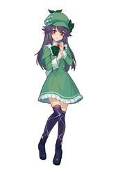  black_hair capelet deerstalker dress female full_body green_capelet hat hercule_barton highres long_hair nonoya_nayori official_art over-kneehighs simple_background solo tantei_opera_milky_holmes thighhighs toys_drive white_background 