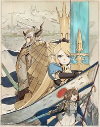  &gt;:( 1boy 2girls :o armor armored_dress artist_name banner baotorda blonde_hair blue_dress blue_eyes breastplate bridgette_(granblue_fantasy) brown_hair castle charlotta_(granblue_fantasy) closed_mouth cloud commentary_request crown dated draph dress frown gauntlets granblue_fantasy harvin helmet highres holding holding_sword holding_weapon horns huge_weapon knight long_hair masato_(mirai_koubou) multiple_girls open_mouth pointy_ears puffy_short_sleeves puffy_sleeves short_hair short_sleeves sword v-shaped_eyebrows weapon 