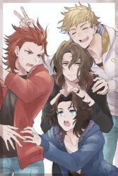  4boys artist_name bags_under_eyes blonde_hair blue_eyes blush brown_eyes brown_hair closed_eyes commentary_request contemporary denim granblue_fantasy gucha_(netsu) hands_in_hair hood hoodie jeans jewelry lancelot_(granblue_fantasy) long_hair looking_at_another looking_to_the_side male_focus multiple_boys pants percival_(granblue_fantasy) red_eyes red_hair ring short_hair siegfried_(granblue_fantasy) smile v vane_(granblue_fantasy) 