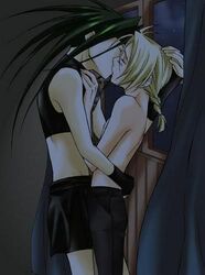  2boys androgynous artist_request black_pants blonde_hair blush braid closed_eyes couple curtains edward_elric envy envy_(fma) fullmetal_alchemist green_hair hand_on_head hand_on_shoulders height_difference homunculus hug kissing long_hair lowres midriff multiple_boys night pants shirtless single_braid skin_tight skort sleeveless topless window yaoi 