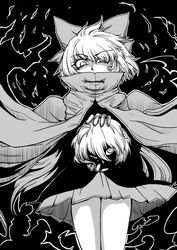  aura bow cape commentary_request covered_mouth disembodied_head female greyscale hairbow high_collar holding_head monochrome naui_kudan sekibanki shaded_face short_hair skirt touhou 