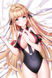  aile_(crossroads) between_breasts blonde_hair blush breasts center_opening commentary_request cosplay female flower green_eyes hair_ribbon helena_k_sink large_breasts leotard long_hair looking_at_viewer lying midriff necktie on_back photoshop_(medium) ribbon skull smile solo sword_girls undertaker_(sword_girls) very_long_hair 