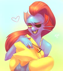  2015 alphys anthro blue_body blue_skin blush breasts canon_couple closed_eyes clothing digital_media_(artwork) duo eye_patch eyewear female female/female fish frill_(anatomy) glasses hair heart_symbol hug lizard marine membrane_(anatomy) membranous_frill non-mammal_breasts open_mouth red_hair reptile romantic romantic_couple scales scalie sharp_teeth smile swimwear teeth undertale undertale_(series) undyne warm_colors yellow_body yellow_eyes yellow_scales zanthu 