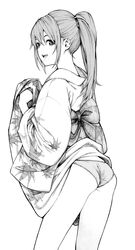  :d absurdres bad_id bad_twitter_id character_request clothes_lift ebisumaru_(ebisumaru3) female greyscale highres japanese_clothes kimono kimono_lift mole mole_under_mouth monochrome open_mouth panties ponytail smile solo underwear yukata yukata_lift 