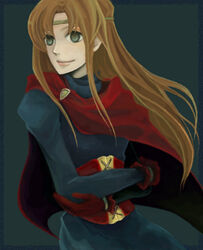  4t black_eyes cape crossed_arms female female gensou_suikoden gensou_suikoden_i gloves long_hair lowres odessa_silverberg orange_hair simple_background solo suikoden suikoden_i tiara 