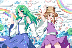  2girls bad_id bad_pixiv_id bare_shoulders blonde_hair detached_sleeves double_rainbow frog green_eyes green_hair hair_ornament hat kochiya_sanae lily_pad long_hair moriya_suwako multiple_girls photoshop_(medium) pyonta rainbow short_hair touhou water yano_mitsuki_(nanairo) yellow_eyes 