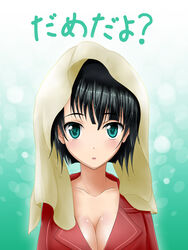  black_hair breasts cleavage commentary_request female green_eyes highres kirigaya_suguha large_breasts pajamas photoshop_(medium) short_hair sword_art_online taiga~midnight towel towel_on_head 