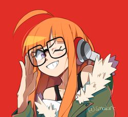  ;d adjusting_eyewear ahoge behind-the-head_headphones black-framed_eyewear commentary_request female fur-trimmed_jacket fur_trim glasses green_jacket headphones jacket long_hair looking_at_viewer off_shoulder one_eye_closed open_mouth orange_hair persona persona_5 purple_eyes red_background sakura_futaba sami_briggs smile solo 