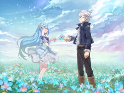  1boy benya_(tales_weaver) blue_hair caesty commentary_request dress_shirt female field flower flower_field hair_flower hair_ornament height_difference joshua_von_arnim long_hair outdoors photoshop_(medium) red_eyes scythe shirt tales_weaver very_long_hair 