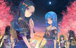  6+girls backpack bad_id bad_pixiv_id bag blue_eyes blue_hair braid cherry_blossoms crescent_moon hair_ribbon hairband moon multiple_girls night original petals photoshop_(medium) ribbon school_uniform serafuku serenade_(sinohi) twin_braids twintails 