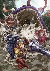  1boy 2girls action armor attack battle brown_hair chasing commentary_request forest gloves gobul highres hunter_(armor) ingot_(armor) jaggi_(armor) jaggia lance lily_pad long_hair monster monster_hunter_(character) monster_hunter_(series) monster_hunter_3 multiple_girls nature open_mouth photoshop_(medium) polearm purple_hair red_eyes short_hair splashing tears wading water weapon yaji_(poison) 