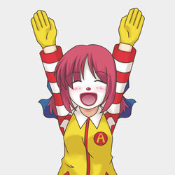  \o/ arms_up clown commentary_request cosplay female hair_ribbon happy kohaku_(tsukihime) kohatsuka makeup mcdonald&#039;s outstretched_arms parody photoshop_(medium) ran_ran_ru red_hair ribbon ronald_mcdonald ronald_mcdonald_(cosplay) short_hair simple_background solo striped tsukihime 