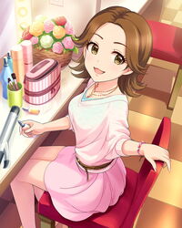  artist_request brown_eyes brown_hair female flipped_hair flower idolmaster idolmaster_cinderella_girls indoors official_art ohta_yuu rose sitting solo 