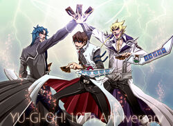  3boys card cards duel_disk holding holding_card jack_atlas kaiba_seto lovejunky male male_focus marufuji_ryo marufuji_ryou multiple_boys pile_of_cards thunder yu-gi-oh! yugioh_5d&#039;s yugioh_gx yuu-gi-ou_(card) yuu-gi-ou_5d&#039;s yuu-gi-ou_duel_monsters yuu-gi-ou_gx 