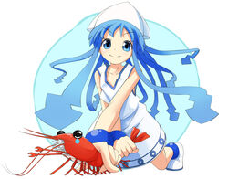  blue_eyes blue_hair bracelet commentary_request dress female hat ikamusume jewelry long_hair naono photoshop_(medium) shinryaku!_ikamusume shrimp solo tears tentacle tentacle_hair 