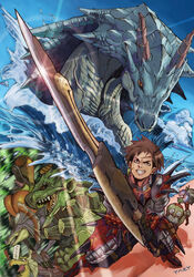  ! 1boy absurdres armor brown_eyes brown_hair cha-cha commentary_request earrings great_jaggi grin highres jewelry lagiacrus monster_hunter_(character) monster_hunter_(series) monster_hunter_3 photoshop_(medium) qurupeco rathalos_(armor) rathian scar smile switch_axe sword uragaan water weapon yaji_(poison) yian_kut-ku 