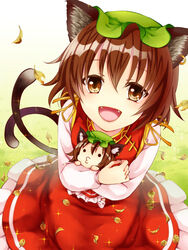  :d animal_ears bad_id bad_pixiv_id brown_eyes brown_hair cat_ears cat_tail character_doll chen dress earrings fangs female from_above fuusha hat jewelry leaf looking_at_viewer multiple_tails o3o open_mouth short_hair single_earring smile solo tail touhou 