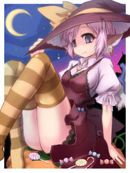  animal_ears candy candy_cane commentary_request crescent_moon earrings female food hat hat_ribbon highres hoop_earrings jewelry lollipop moon mystia_lorelei photoshop_(medium) pink_hair ribbon short_hair single_earring sitting smile solo striped_clothes striped_thighhighs swirl_lollipop thighhighs touhou wings witch_hat you_naka 