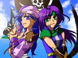  2girls androgynous bandana bandana detached_sleeves earrings faris_scherwiz female final_fantasy final_fantasy_5 final_fantasy_ii green_eyes gun headband jewelry leila long_hair mint_ruby_vyude multiple_girls necklace ocean purple_eyes purple_hair reverse_trap shoulder_pads sword tomboy weapon wristband 