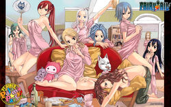  6+girls :o barefoot blonde_hair blue_eyes blue_hair blush bottomless bra breasts brown_eyes brown_hair cana_alberona canine charle_(fairy_tail) drink eating erza_scarlet evergreen_(fairy_tail) fairy_tail feline food glasses green_hair hand_fan highres jpeg_artifacts juvia_lockser large_breasts legs levy_mcgarden lingerie lucy_heartfilia mashima_hiro mirajane_strauss multiple_girls official_art open_mouth pajamas panties photoshop_(medium) pillow pizza red_eyes red_hair sideboob sitting tattoo towel underwear visca_mulan wendy_marvell white_hair 