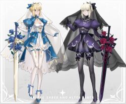  2girls adapted_costume ahoge artoria_pendragon_(fate) black_dress blonde_hair blue_dress braid braided_bun breasts bridal_veil character_name cleavage commentary dark_persona dress dual_persona english_commentary excalibur_(fate/stay_night) excalibur_morgan_(fate) fate/grand_order fate/stay_night fate_(series) flower full_body green_eyes hair_bun hair_ribbon heaven's_feel highres juliet_sleeves long_sleeves medium_breasts multiple_girls princess_ailish puffy_sleeves ribbon rose saber_(fate) saber_alter single_hair_bun thighhighs veil weapon yellow_eyes 
