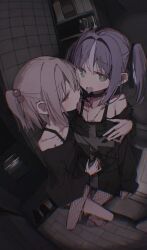  1boy 2mai84 bare_legs bare_shoulders barefoot black_choker black_hair black_nails brown_eyes choker crossdressing crossdressing_(mtf) female fingernails fishnet_pantyhose fishnets green_eyes grey_hair hair_bobbles hair_intakes hair_ornament highres indoors josou_seme long_fingernails looking_at_viewer medium_hair nail_polish off_shoulder one_side_up onii-chan_wa_oshimai! open_mouth pantyhose risachii_(onimai) senkawa_minato single_hair_streak straight tongue tongue_out trap twintails white_hair 