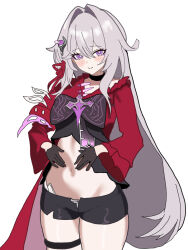  aquamarine725 black_gloves black_shorts blush bow bowtie commentary_request cowboy_shot cropped_shirt female gloves grey_hair hair_intakes highres honkai_(series) honkai_impact_3rd long_hair midriff navel purple_bow purple_bowtie purple_eyes red_shoes shoes short_shorts shorts smile solo thelema_nutriscu thelema_nutriscu_(mad_pleasure:_shadowbringer) thigh_strap thighs very_long_hair 