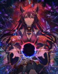  absurdres animal_ears black_hair card commentary darkness death_(granblue_fantasy) earrings english_commentary erune female glowing glowing_eyes granblue_fantasy highres jewelry long_hair nier_(granblue_fantasy) red_eyes runemill solo tarot tarot_(card) tears twitter_username 