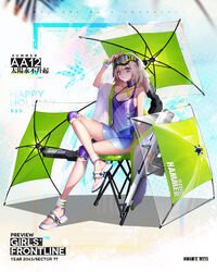  aa-12 aa-12_(girls&#039;_frontline) aa-12_(the_sun_never_rises)_(girls&#039;_frontline) adjusting_eyewear ahoge bags_under_eyes bangle bare_shoulders beach_umbrella bikini blue_dress blue_eyes bracelet breasts candy character_name choker cleavage clothes_writing copyright_name crossed_legs dress feet female food full_body girls&#039;_frontline goggles goggles_on_head gun hand_on_eyewear jewelry knee_pads logo lollipop long_hair looking_at_viewer machinery medium_breasts mouth_hold official_alternate_costume official_art promotional_art sandals shade shield_module shiny_skin shotgun side_slit sidelocks silverwing sitting solo sports_sandals stool sweat swimsuit thighs toes towel umbrella weapon white_hair 