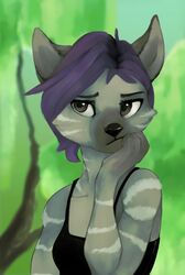  5_fingers anthro black_lips black_nose brown_eyes clothed clothing digital_media_(artwork) eyebrows eyelashes felid feline female fingers fur grey_body grey_fur hair hi_res lips lynx mammal purple_hair redcreator shaded simple_background solo 