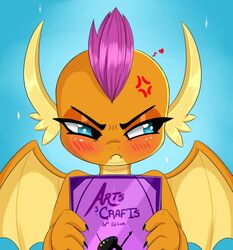  aer0_zer0 angry blue_eyes blush book dragon embarrassed fangs female friendship_is_magic frown hair hasbro heart_symbol my_little_pony mythological_creature mythological_scalie mythology orange_body orange_skin purple_hair scalie simple_background smolder_(mlp) solo teeth wings 