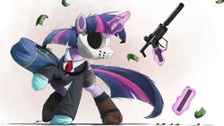  16:9 alicorn clothing equid equine female feral friendship_is_magic fur gun hasbro hi_res hooves horn magic mammal mask money my_little_pony mythological_creature mythological_equine mythology ncmares purple_body purple_fur ranged_weapon simple_background solo standing suit twilight_sparkle_(mlp) weapon white_background widescreen wings 