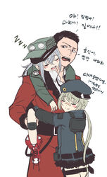  1boy 2girls absurdres bad_id bad_pixiv_id bandaid bandaid_on_face bandaid_on_nose black_hair blush blush_stickers carrying carrying_under_arm closed_eyes commander_(girls&#039;_frontline) commentary_request fluf.p g11_(girls&#039;_frontline) girls&#039;_frontline grey_hair griffin_&amp;_kryuger_military_uniform hat highres hs2000_(girls&#039;_frontline) hug jacket knee_pads korean_commentary long_hair multiple_girls open_mouth ponytail saliva short_hair simple_background sleeping smile translated very_short_hair white_background 