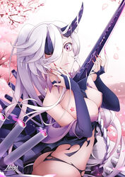  artist_name ass bare_shoulders between_breasts black_panties breasts bridal_gauntlets cherry_blossoms closed_mouth commentary cowboy_shot enemy_vessel_(warship_girls_r) enemy_yamato_(warship_girls_r) female fingernails from_side hair_over_one_eye horns long_fingernails long_hair looking_at_viewer looking_to_the_side medium_breasts mtyy nail_polish off_shoulder oni_horns panties petals photoshop_(medium) pink_eyes pink_lips red_nails sharp_fingernails smile solo tattoo torn_clothes torn_panties tree turret underwear warship_girls_r white_hair 