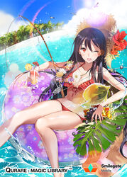  beach bikini black_hair blush character_request cleavage closed_eyes cup female female fish hat ice_(ice_aptx) leaves midriff one_eyes_closed orange_eyes palm_tree qurare_magic_library smile solo swim swim_ring swimwear tree water 