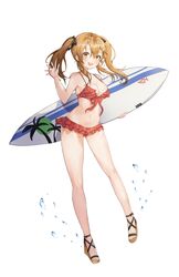  absurdres bikini blush breasts brown_hair cleavage commentary_request duino female frills full_body girls&#039;_frontline hair_ornament hairclip highres holding holding_behind_back holding_surfboard long_hair scar scar_across_eye scar_on_face simple_background smile solo surfboard swimsuit twintails ump9_(girls&#039;_frontline) water_drop waving white_background 