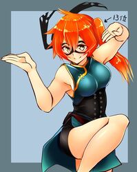  bike_shorts black_shorts boku_no_hero_academia china_dress chinese_clothes commentary_request dress female fighting_stance green_eyes highres kendou_itsuka mask master_asia orange_hair parody short_dress shorts shorts_under_dress side_slit solo standing standing_on_one_leg tsukui_kachou 