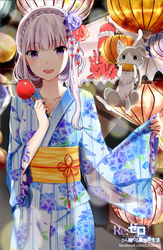  alternate_hairstyle animal blue_kimono blush braid candy_apple chu_(huaha1320) commentary_request copyright_name corn crown_braid eating emilia_(re:zero) feline female festival floral_print flower food grey_hair hair_flower hair_ornament holding holding_food hydrangea_print japanese_clothes kimono lantern long_hair long_sleeves looking_at_viewer market_stall open_mouth paper_lantern photoshop_(medium) pinching_sleeves pointy_ears puck_(re:zero) purple_eyes purple_flower purple_rose re:zero_kara_hajimeru_isekai_seikatsu red_flower red_rose ribbon rose sleeves_past_wrists watermark web_address wide_sleeves yukata 