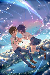  1boy ayakashi_(monkeypanch) blue_hair brown_hair cloud commentary_request crying crying_with_eyes_open diffraction_spikes falling female highres holding_hands kimi_no_na_wa. miyamizu_mitsuha necktie open_mouth pleated_skirt pool scenery school_uniform shirt short_hair short_sleeves skirt sky string string_of_fate tachibana_taki tears thread water_drop 