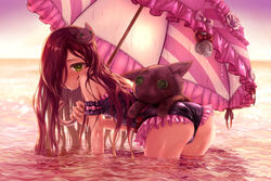  all_fours anna_(granblue_fantasy) ass bare_shoulders blush brown_hair commentary_request female granblue_fantasy green_eyes hair_over_one_eye highres lolita_fashion long_hair one-piece_swimsuit parasol solo stuffed_toy swimsuit takanashi umbrella wading water wet 