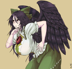  black_hair blouse bow breasts closed_mouth commentary_request curvy feathered_wings female from_side green_bow green_skirt hairbow hand_on_own_hip hanemikakko huge_breasts leaning_forward long_hair puffy_short_sleeves puffy_sleeves red_eyes reiuji_utsuho shirt short_sleeves skirt solo touhou white_shirt wings 