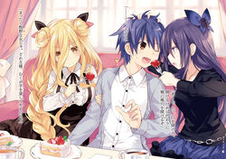  1boy 2girls blonde_hair brown_eyes cake couch cup date_a_live dress feeding food force-feeding fork fruit highres hoshimiya_mukuro itsuka_shidou long_hair multiple_girls official_art open_mouth pastry plate purple_eyes purple_hair short_hair sitting teacup translation_request tsunako yatogami_tenka yatogami_tooka yellow_eyes 