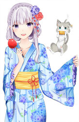  alternate_hairstyle animal blue_kimono blush braid candy_apple chu_(huaha1320) commentary_request corn crown_braid eating emilia_(re:zero) feline female floral_print flower food grey_hair hair_flower hair_ornament holding holding_food hydrangea_print japanese_clothes kimono long_hair long_sleeves looking_at_viewer open_mouth photoshop_(medium) pinching_sleeves pointy_ears puck_(re:zero) purple_eyes purple_flower purple_rose re:zero_kara_hajimeru_isekai_seikatsu red_flower red_rose ribbon rose sleeves_past_wrists wide_sleeves yukata 