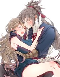  1boy blush breasts commentary_request corrin_(female)_(fire_emblem) corrin_(fire_emblem) female fire_emblem fire_emblem_fates gloves grey_hair hair_between_eyes hair_ornament hairband japanese_clothes large_breasts long_hair nekolook pointy_ears ponytail simple_background smile straight takumi_(fire_emblem) white_hair 