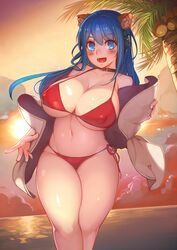  android animal_ears beach bikini blue_eyes blue_hair breasts cat_ears choker cloud commentary_request curvy female harusame-r huge_breasts legs long_hair ocean outdoors palm_tree side-tie_bikini_bottom sky solo sunset swimsuit thick_thighs thigh_gap thighs tree wide_hips 